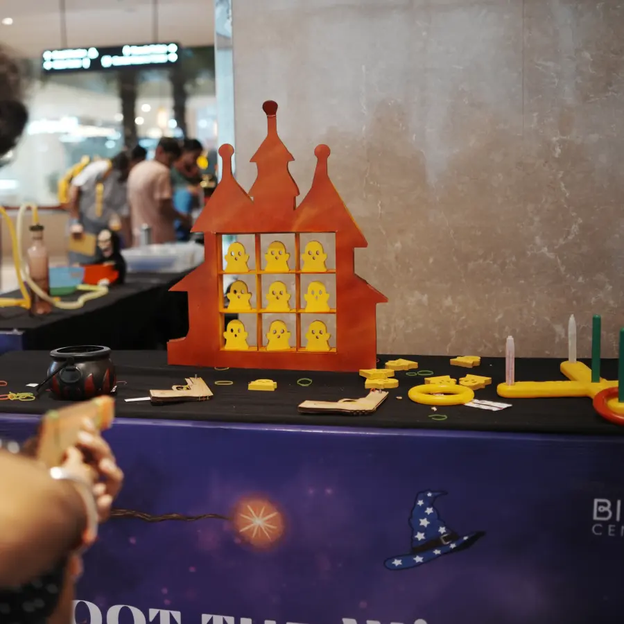 Close-up of the hand-built castle target board used in the Science Wizards shooting game